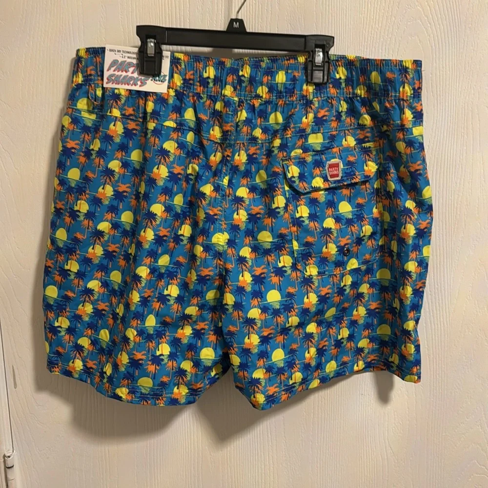 NWT Party Sharks Mens XXL Swim Trunks Palm Trees Quick Dry Comfort Pockets Beach